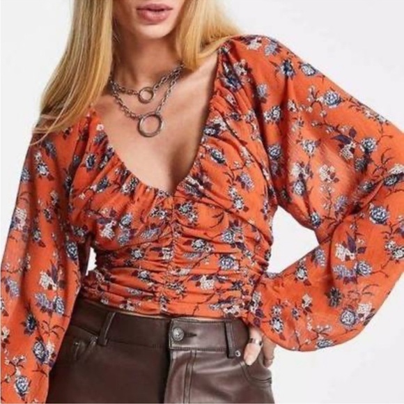 Free People Final Rose Blouse in Rust Floral Long Sleeve Ruched Boho Top size S - Picture 6 of 15